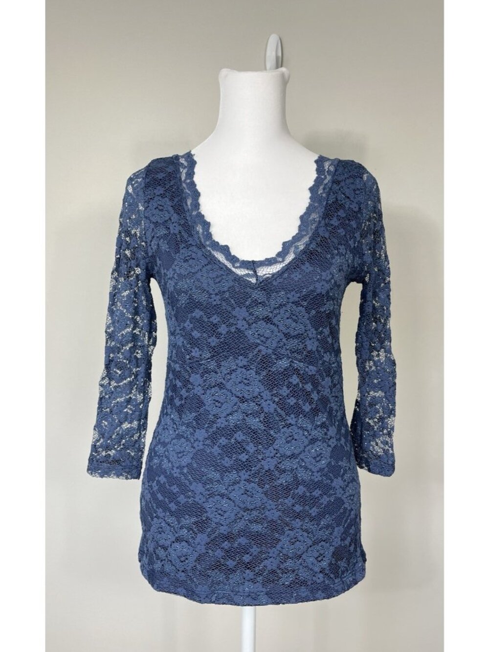 Vintage Womens Y2K Lace Babydoll Top Small Blue Boho Fairy Romantic 3/4 Sleeve
